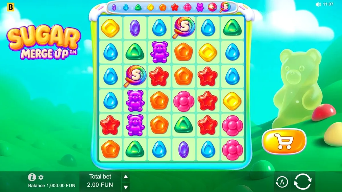 Sugar Merge Up স্লট গেমের রঙিন ইন্টারফেস এবং ক্যান্ডি থিম